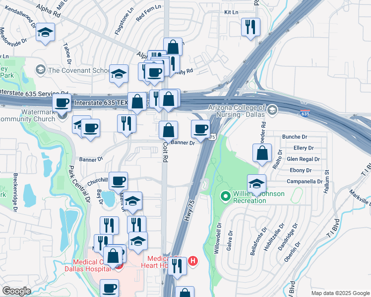 map of restaurants, bars, coffee shops, grocery stores, and more near 12655 North Central Expressway in Dallas