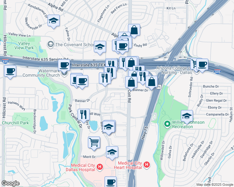 map of restaurants, bars, coffee shops, grocery stores, and more near 12639 Coit Road in Dallas