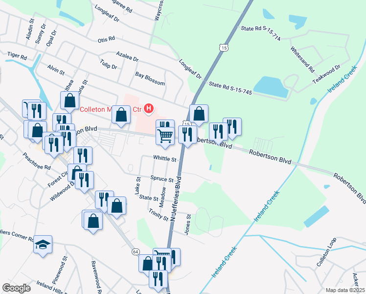 map of restaurants, bars, coffee shops, grocery stores, and more near North Jefferies Boulevard in Walterboro