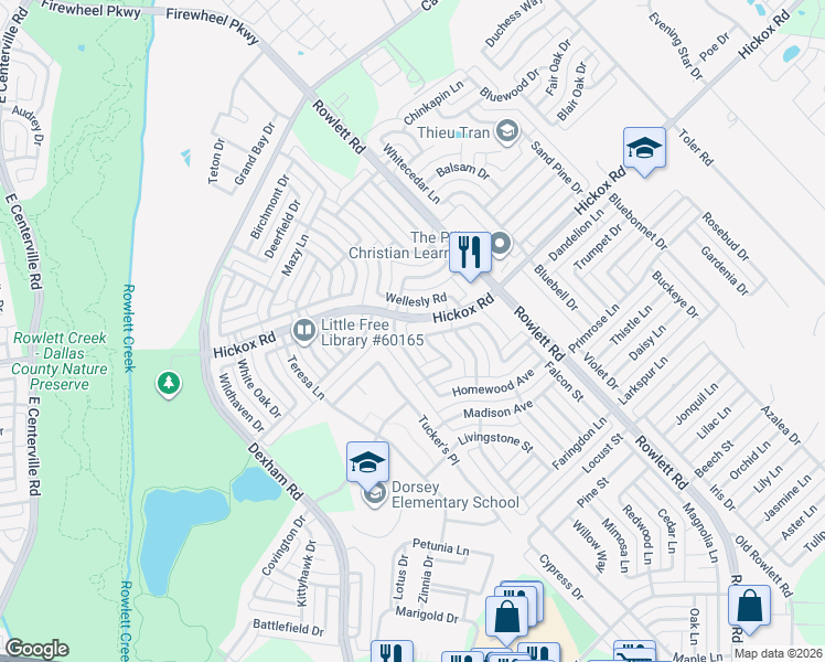 map of restaurants, bars, coffee shops, grocery stores, and more near 7013 Clarendon Street in Rowlett