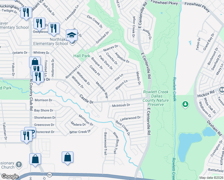 map of restaurants, bars, coffee shops, grocery stores, and more near 1226 Blanco Circle in Garland