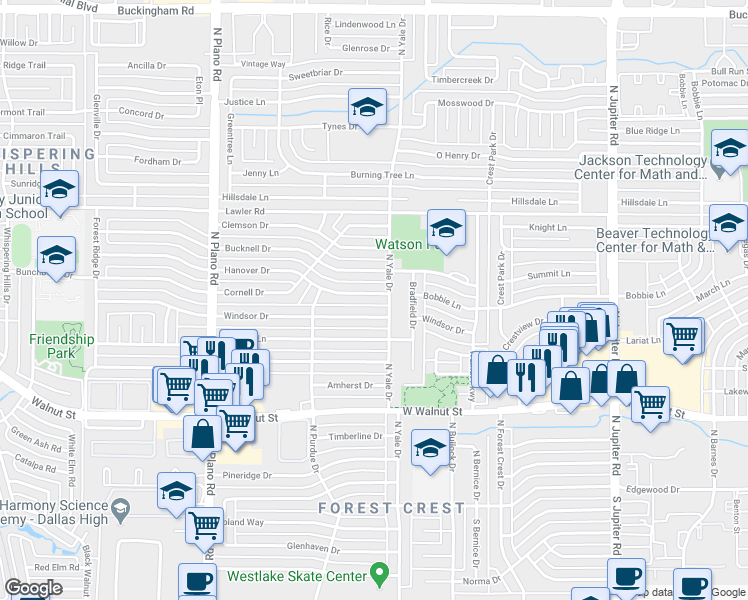 map of restaurants, bars, coffee shops, grocery stores, and more near 4001 Windsor Drive in Garland