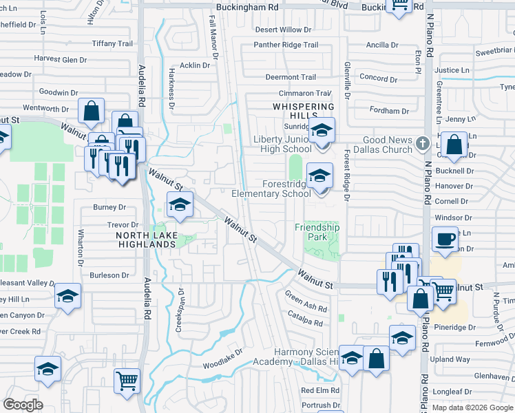 map of restaurants, bars, coffee shops, grocery stores, and more near 10102 Laingtree Drive in Dallas