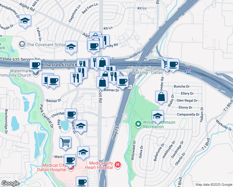 map of restaurants, bars, coffee shops, grocery stores, and more near 12655 North Central Expressway in Dallas