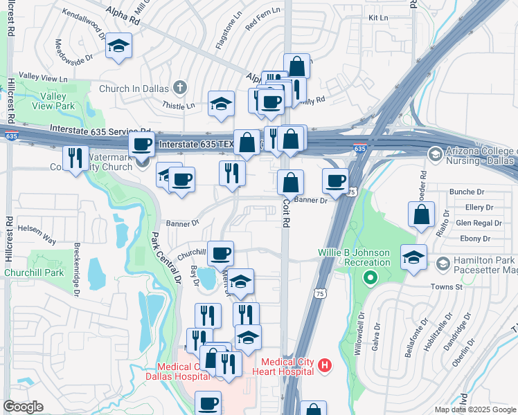 map of restaurants, bars, coffee shops, grocery stores, and more near 12639 Coit Road in Dallas