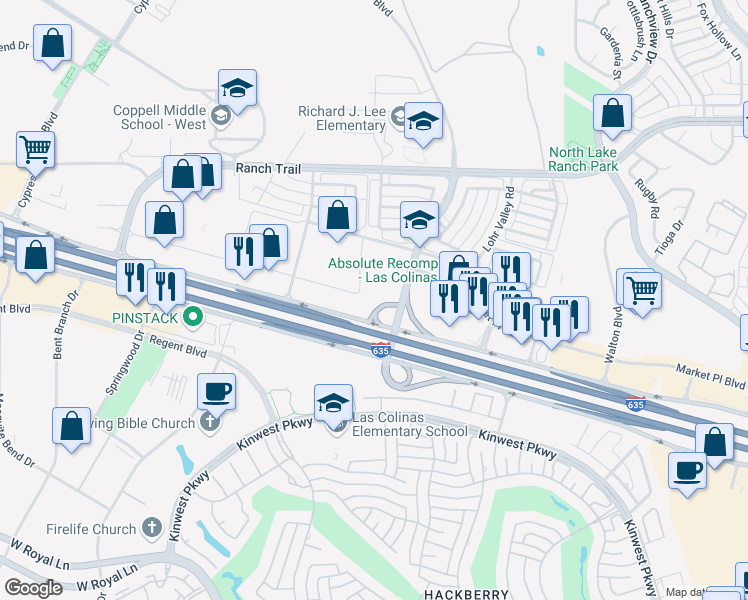 map of restaurants, bars, coffee shops, grocery stores, and more near Interstate 635 Service Rd in Irving