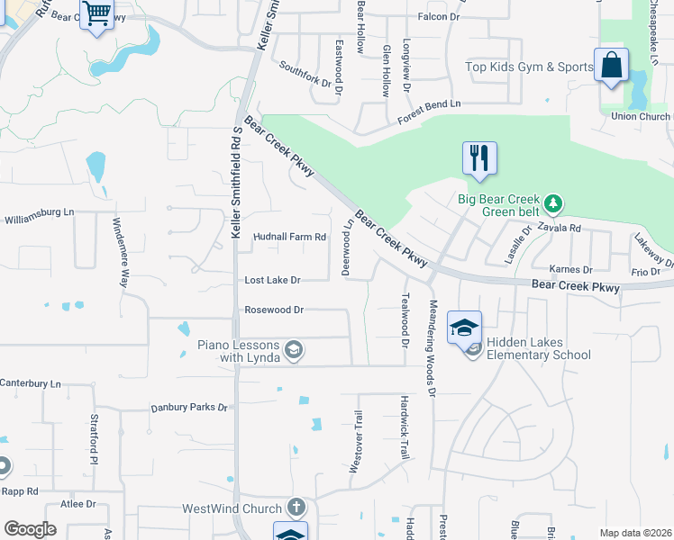 map of restaurants, bars, coffee shops, grocery stores, and more near 1604 Lost Lake Drive in Keller