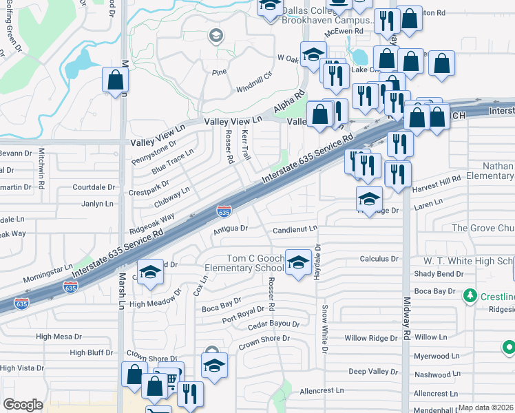 map of restaurants, bars, coffee shops, grocery stores, and more near 9005 Rosser Road in Dallas