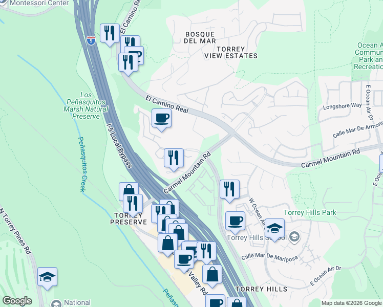 map of restaurants, bars, coffee shops, grocery stores, and more near 3787 Torrey View Court in San Diego