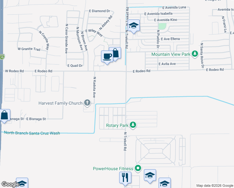 map of restaurants, bars, coffee shops, grocery stores, and more near North Trekell Road in Casa Grande