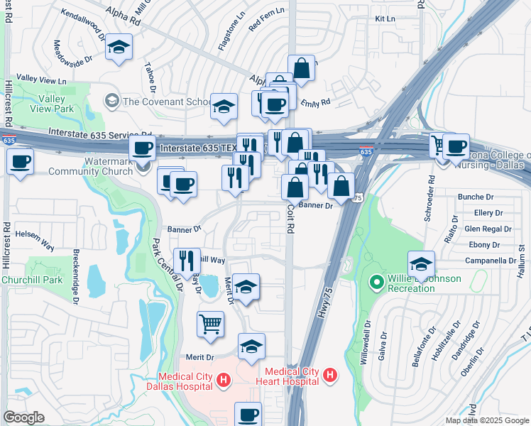 map of restaurants, bars, coffee shops, grocery stores, and more near 12639 Coit Road in Dallas