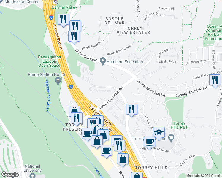 map of restaurants, bars, coffee shops, grocery stores, and more near 3777 Torrey View Court in San Diego