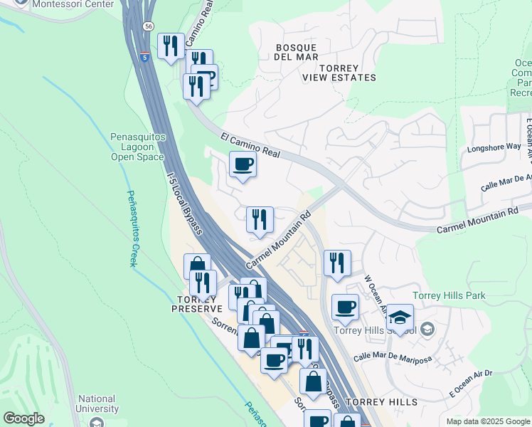 map of restaurants, bars, coffee shops, grocery stores, and more near 3751 Torrey View Court in San Diego