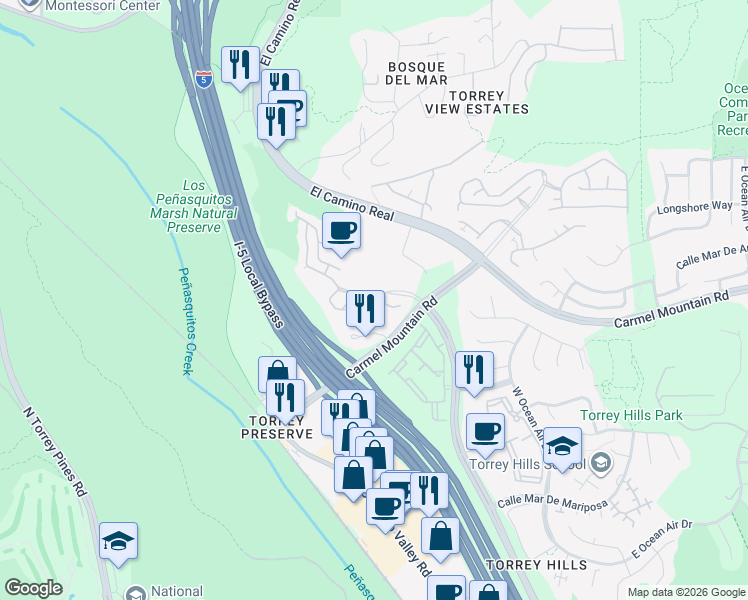 map of restaurants, bars, coffee shops, grocery stores, and more near 3751 Torrey View Court in San Diego