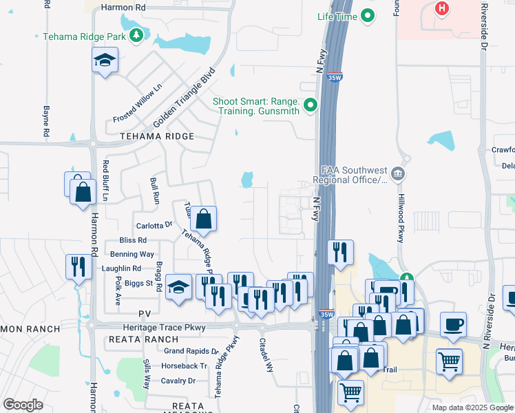 map of restaurants, bars, coffee shops, grocery stores, and more near 10016 Bodega Bay Road in Fort Worth