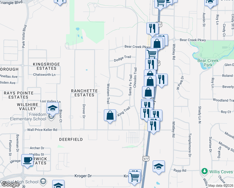map of restaurants, bars, coffee shops, grocery stores, and more near 415 South La Quinta Circle in Keller