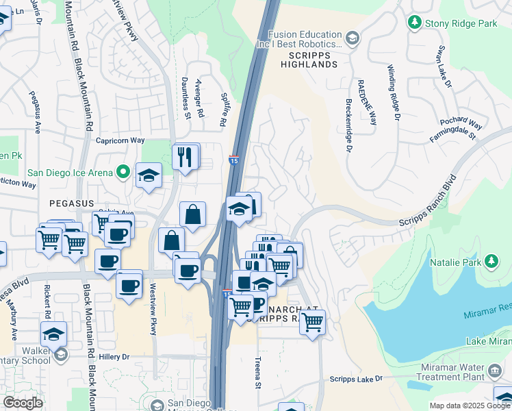 map of restaurants, bars, coffee shops, grocery stores, and more near 9899 Scripps Westview Way in San Diego