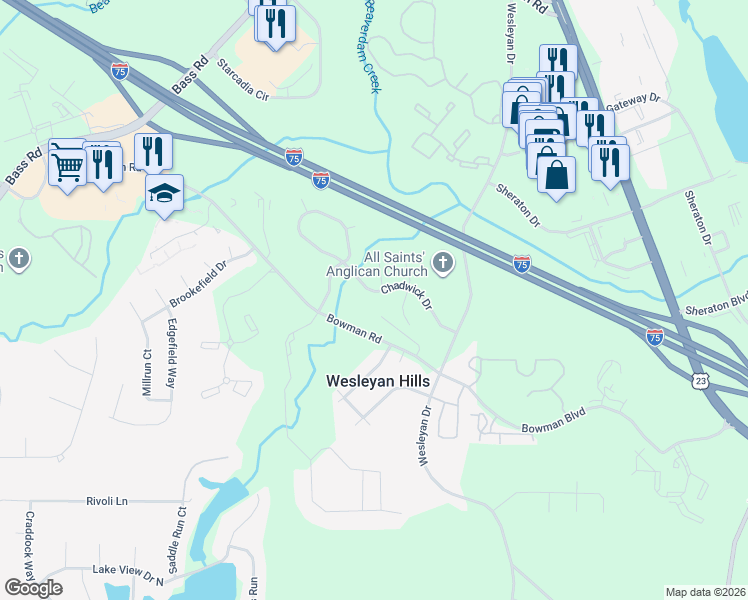 map of restaurants, bars, coffee shops, grocery stores, and more near 151 Chadwick Drive in Macon