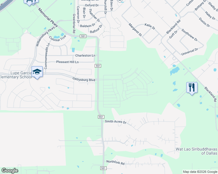 map of restaurants, bars, coffee shops, grocery stores, and more near 2758 Farm to Market Road 551 in Royse City