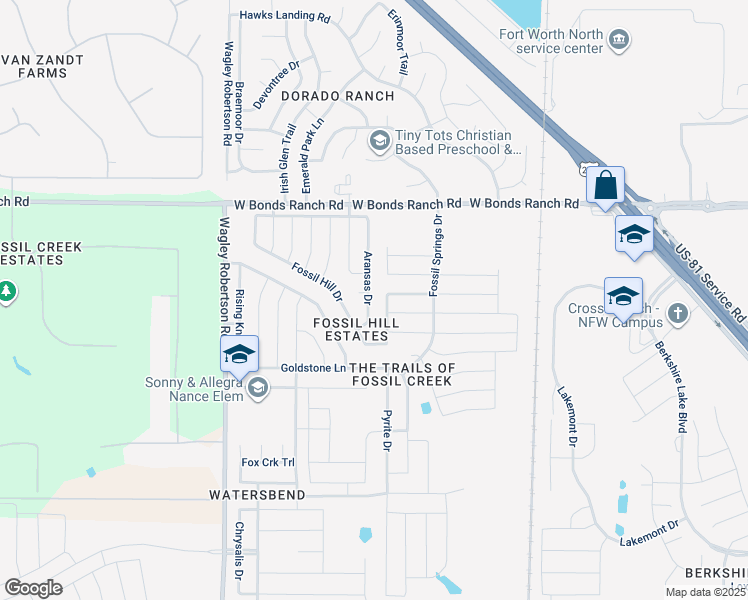 map of restaurants, bars, coffee shops, grocery stores, and more near 10436 Aransas Drive in Fort Worth