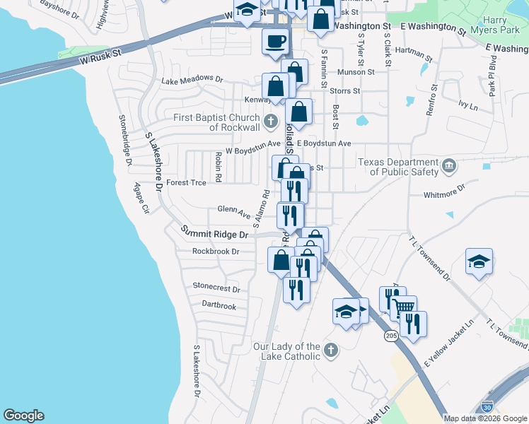 map of restaurants, bars, coffee shops, grocery stores, and more near 112 Glenn Avenue in Rockwall