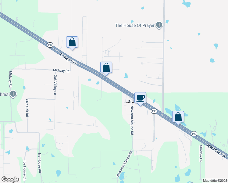 map of restaurants, bars, coffee shops, grocery stores, and more near 4990-5060 East Highway 199 in Springtown