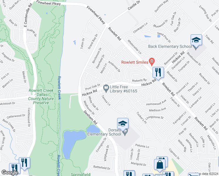 map of restaurants, bars, coffee shops, grocery stores, and more near 1626 Northampton Drive in Rowlett