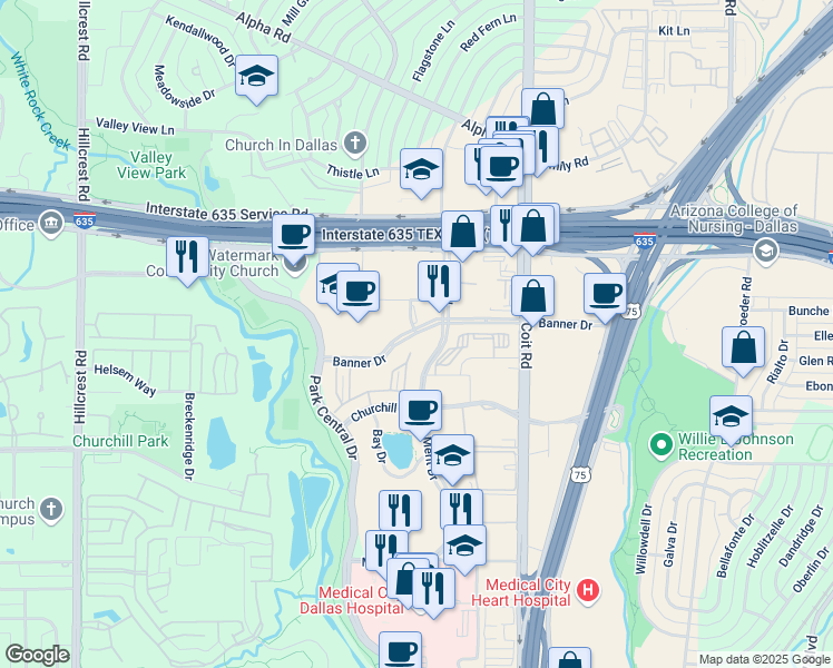 map of restaurants, bars, coffee shops, grocery stores, and more near Banner Drive in Dallas