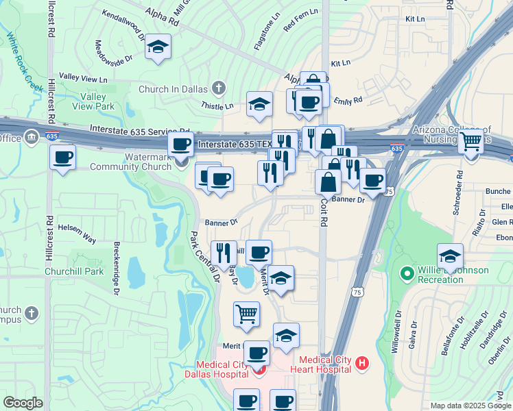 map of restaurants, bars, coffee shops, grocery stores, and more near Banner Drive in Dallas