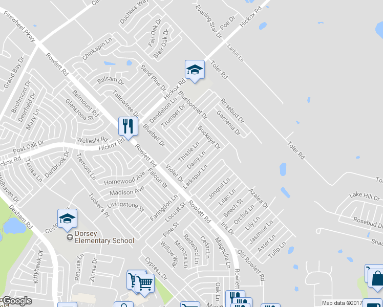 map of restaurants, bars, coffee shops, grocery stores, and more near 2603 Daisy Lane in Rowlett