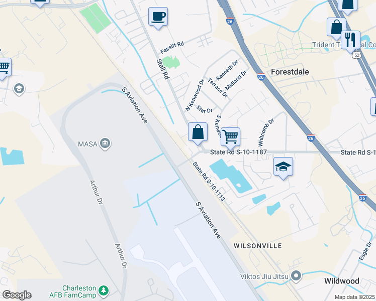 map of restaurants, bars, coffee shops, grocery stores, and more near 2720 Midland Park Road in North Charleston