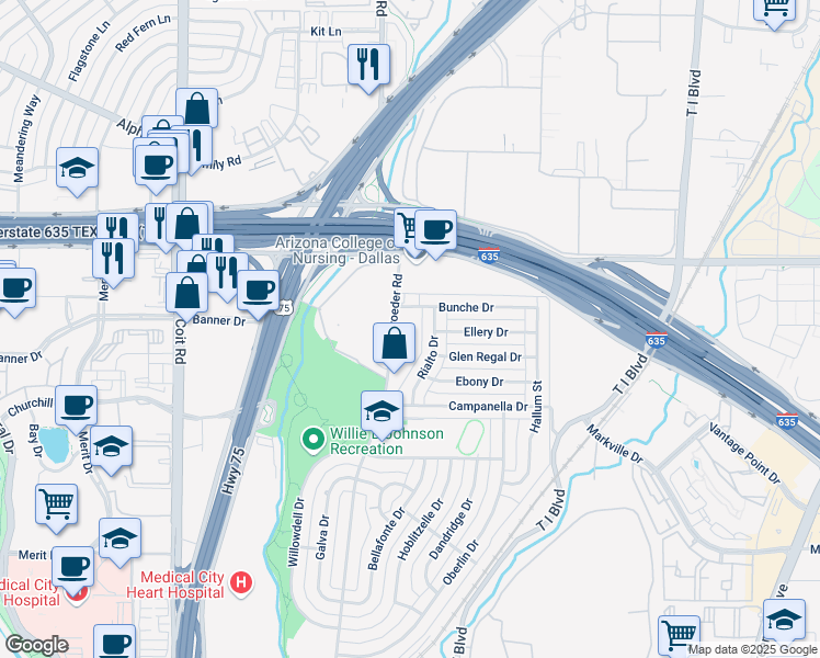 map of restaurants, bars, coffee shops, grocery stores, and more near 8206 Bunche Drive in Dallas
