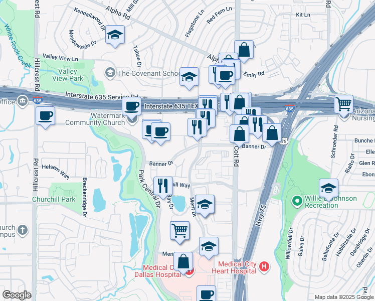 map of restaurants, bars, coffee shops, grocery stores, and more near 7701 Banner Drive in Dallas