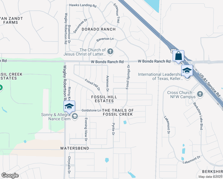 map of restaurants, bars, coffee shops, grocery stores, and more near 504 Lead Creek Drive in Fort Worth