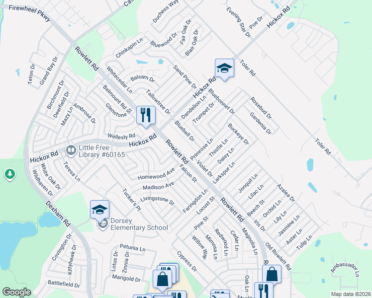 map of restaurants, bars, coffee shops, grocery stores, and more near 6609 Violet Drive in Rowlett