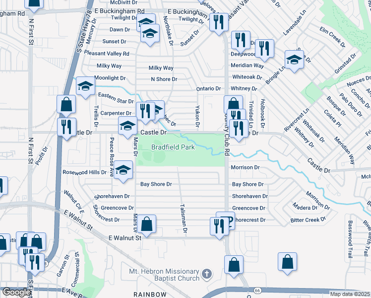 map of restaurants, bars, coffee shops, grocery stores, and more near 1146 Castle Drive in Garland