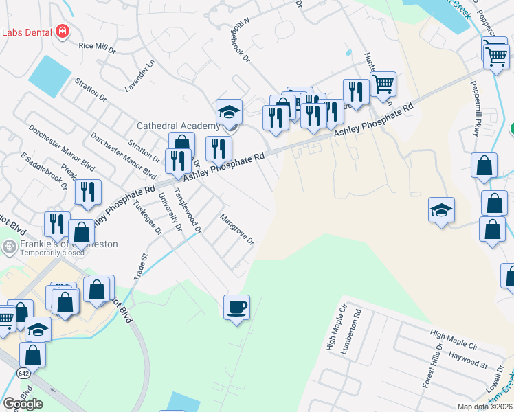 map of restaurants, bars, coffee shops, grocery stores, and more near 166A Beret Street in Charleston