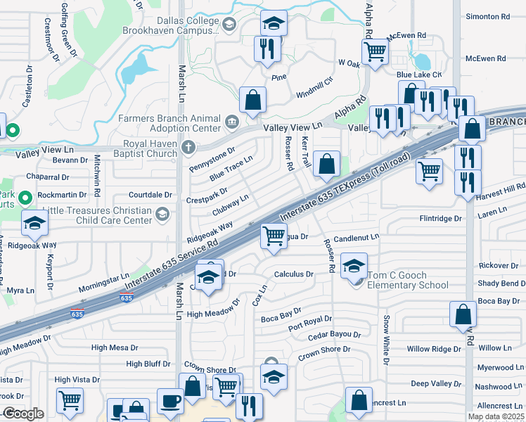 map of restaurants, bars, coffee shops, grocery stores, and more near 3906 Ridgeoak Way in Dallas