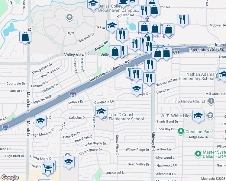 map of restaurants, bars, coffee shops, grocery stores, and more near 4242 Rosser Square in Dallas