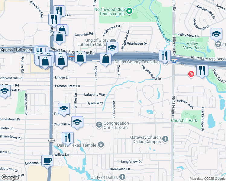 map of restaurants, bars, coffee shops, grocery stores, and more near 6417 Lafayette Way in Dallas