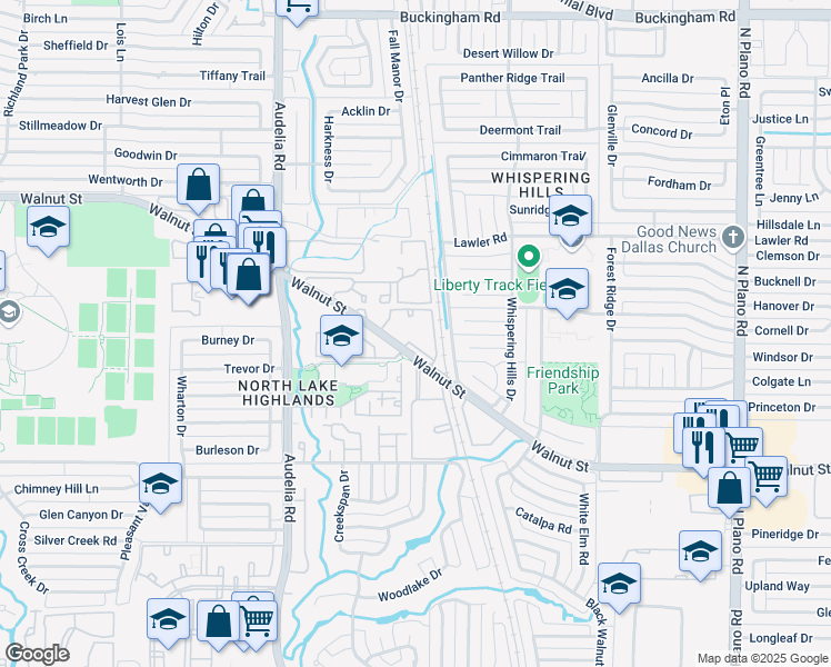 map of restaurants, bars, coffee shops, grocery stores, and more near 9999 Walnut Street in Dallas