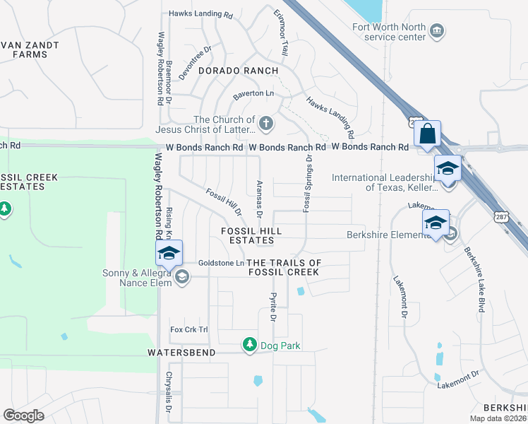 map of restaurants, bars, coffee shops, grocery stores, and more near 10440 Aransas Drive in Fort Worth