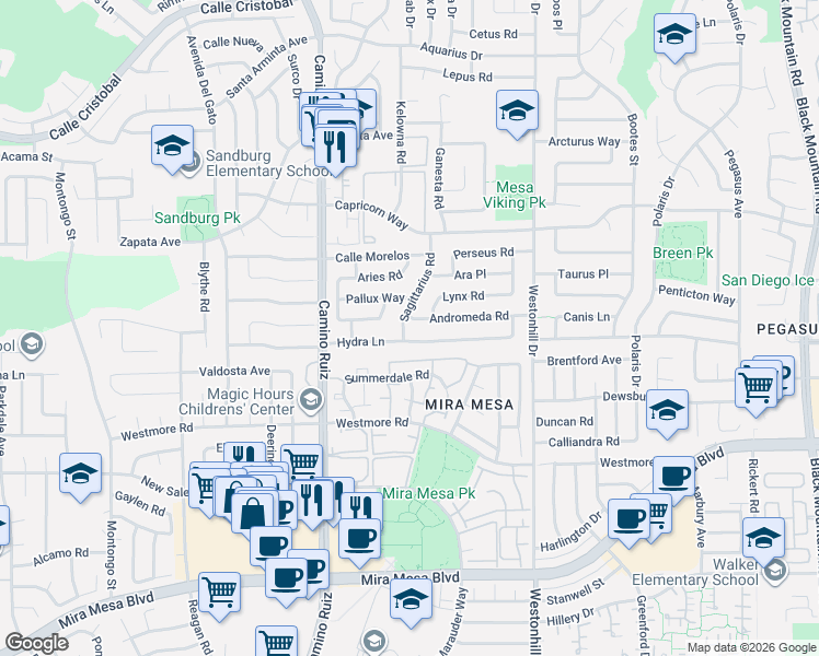 map of restaurants, bars, coffee shops, grocery stores, and more near 8485 Hydra Lane in San Diego