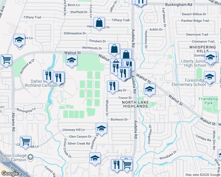 map of restaurants, bars, coffee shops, grocery stores, and more near 9708 Burney Drive in Dallas