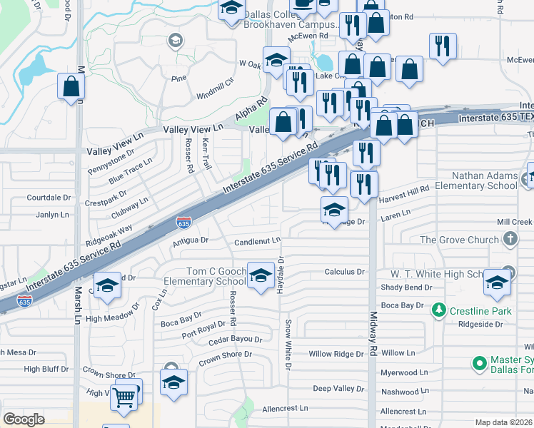 map of restaurants, bars, coffee shops, grocery stores, and more near 4242 Rosser Square in Dallas