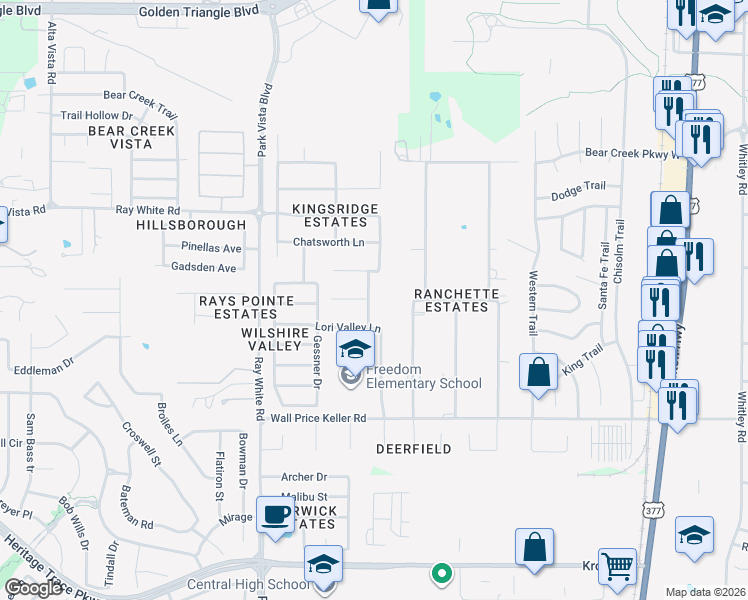 map of restaurants, bars, coffee shops, grocery stores, and more near 10016 Saint James Street in Fort Worth
