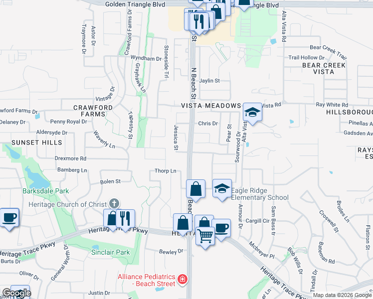 map of restaurants, bars, coffee shops, grocery stores, and more near 4420 Vista Meadows Drive in Fort Worth