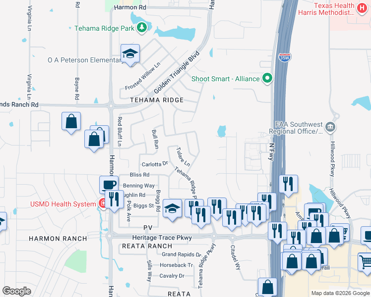 map of restaurants, bars, coffee shops, grocery stores, and more near 10002 Grey Crow Drive in Fort Worth
