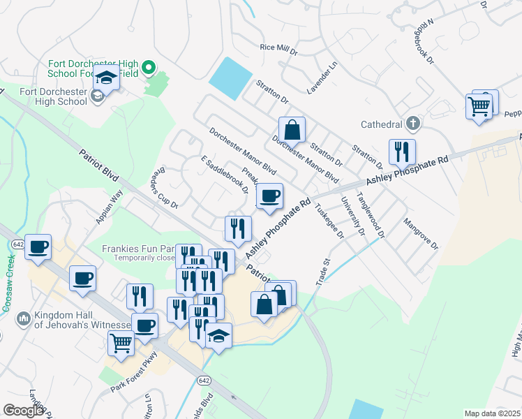 map of restaurants, bars, coffee shops, grocery stores, and more near 8420 Preakness Drive in North Charleston