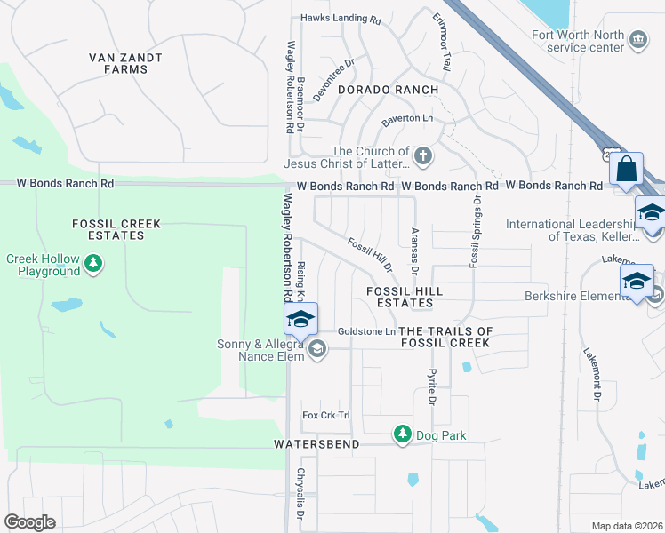 map of restaurants, bars, coffee shops, grocery stores, and more near 10469 Hideaway Trail in Fort Worth